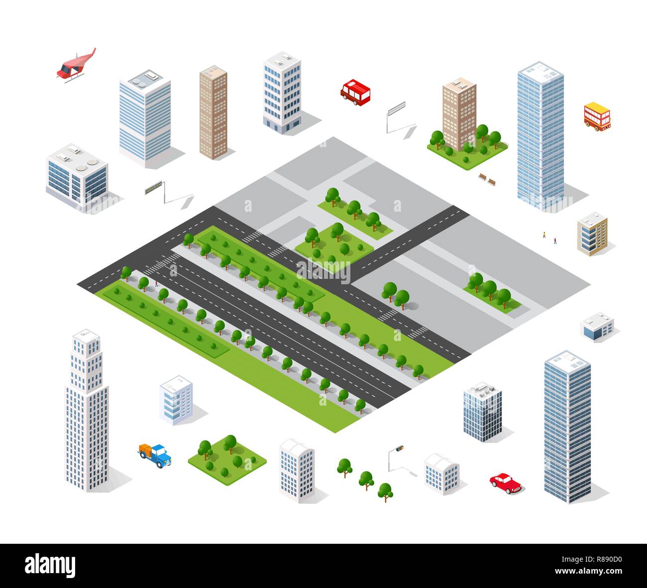 Set of isometric objects and elements for construction and constructing the urban area of the city infrastructure with transport, streets, houses and  Stock Vector