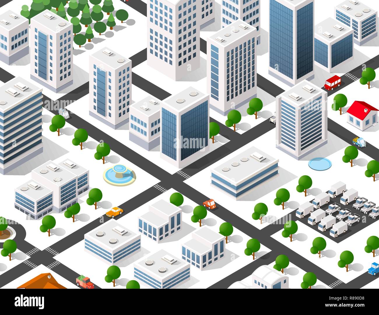 Urban Isometric area of the city infrastructure with transport, streets ...