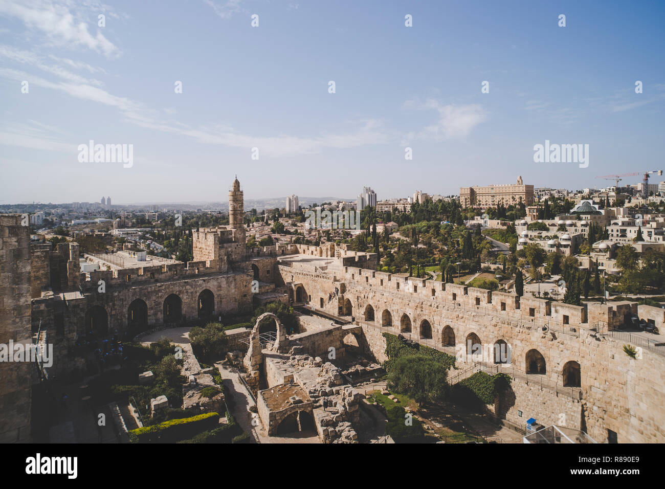 Panoramic view of David's tower at spring time in old city of Jerusalem, Israel. tower of David on the South wall of Jerusalem Stock Photo