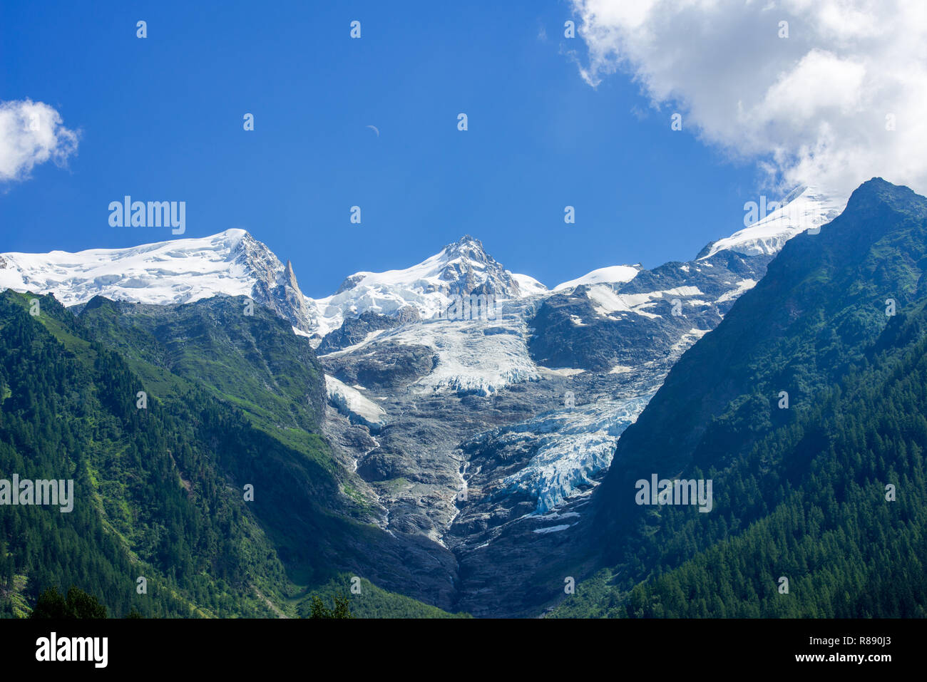 View of a glacier of Mont Blanc, seen from the valley near Chamonix ...