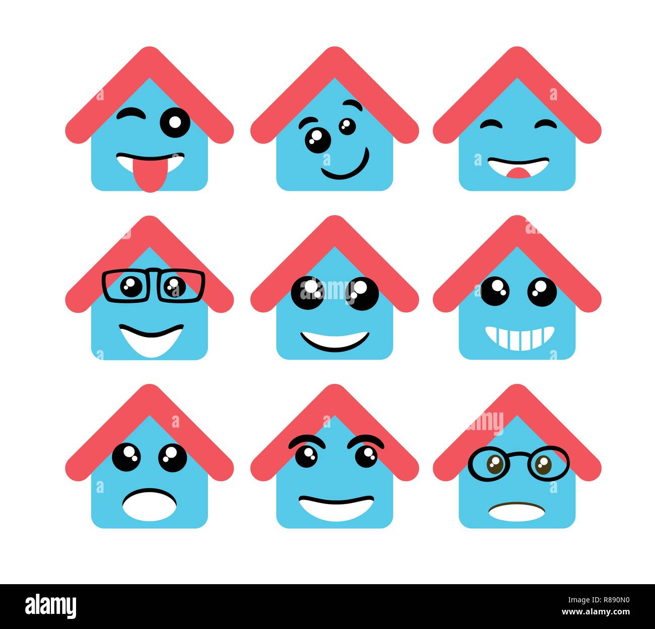 Emoji emoticon expression icons in style cute little house face ...