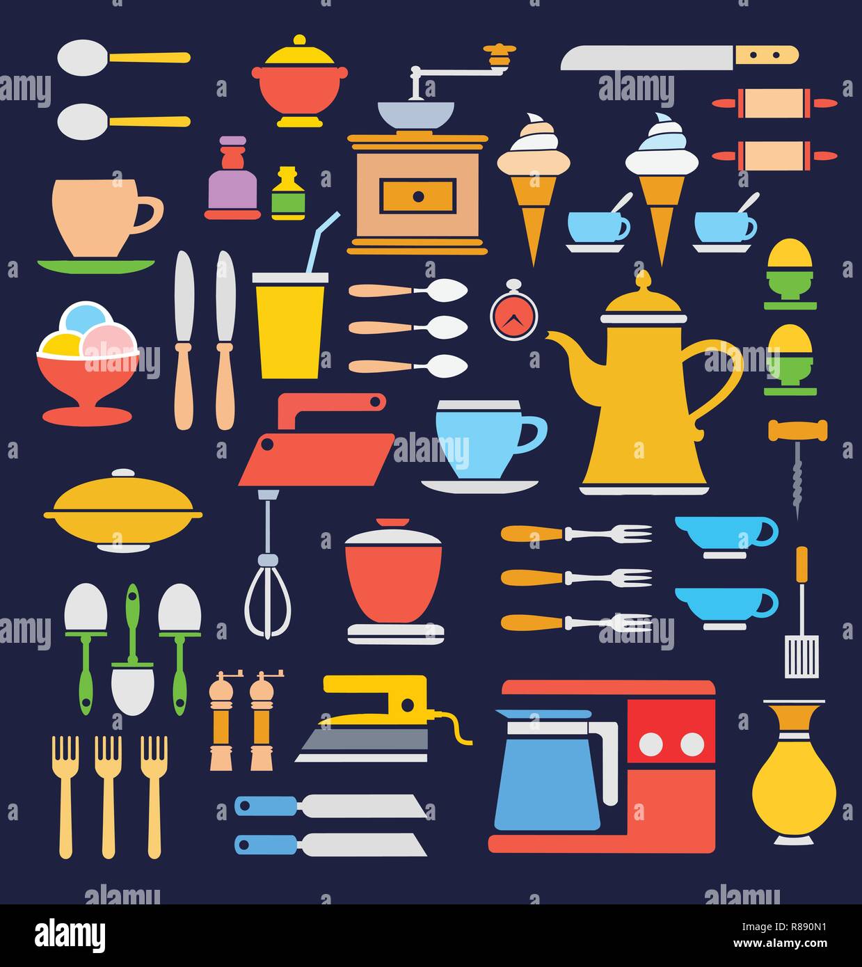 A set of kitchen kitchenware utensils of different colors ...
