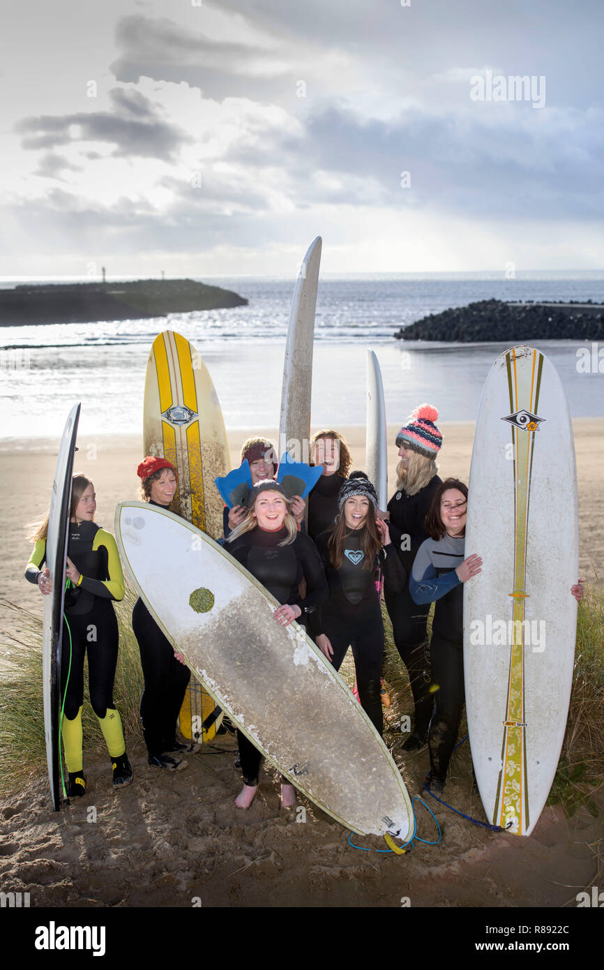 The women’s surf community ‘Surf Senioritas’, members at Aberavon Beach near Port Talbot, S. Wales UK Stock Photo