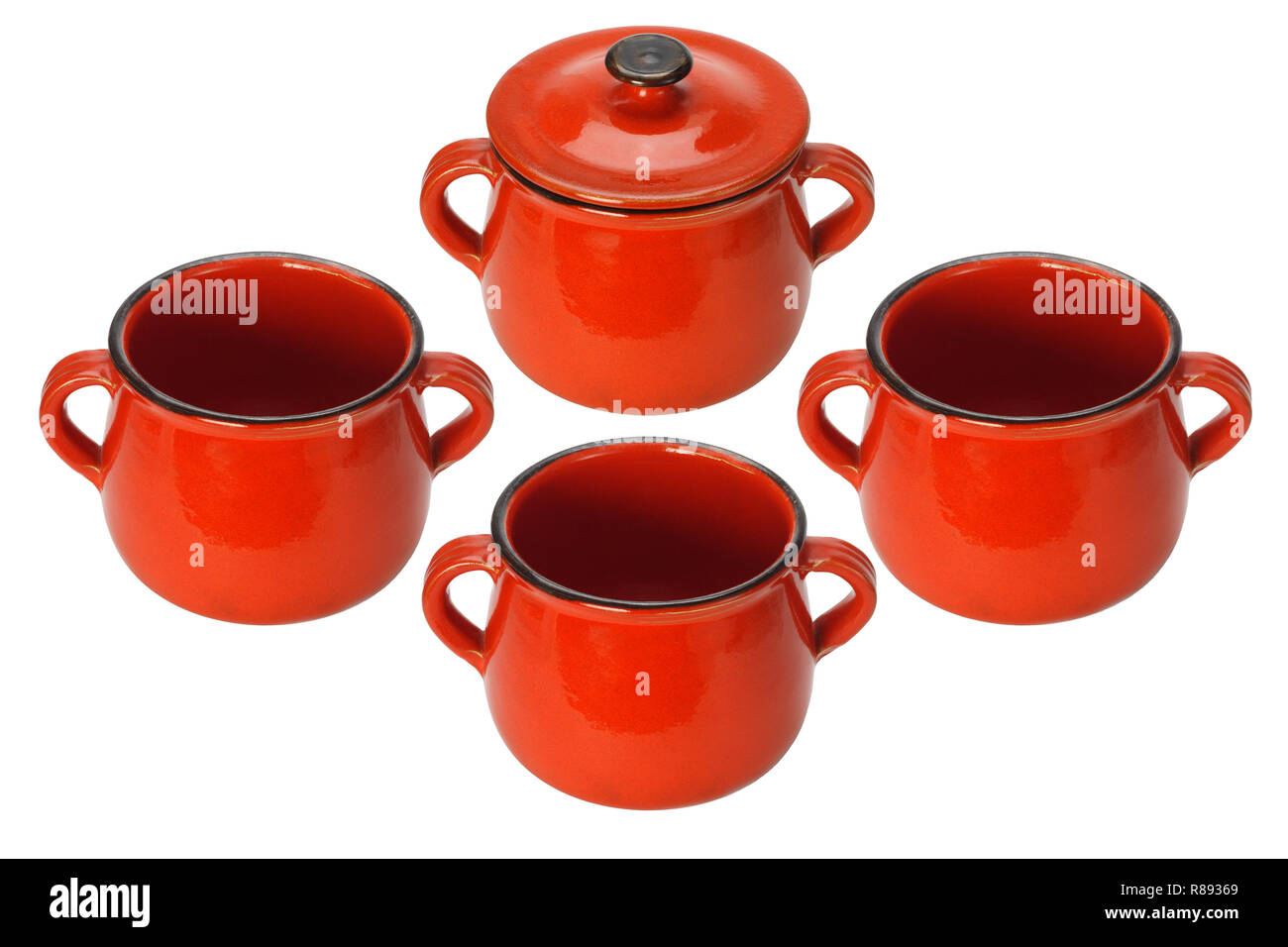 Red Clay Pots arranged on White Background Stock Photo