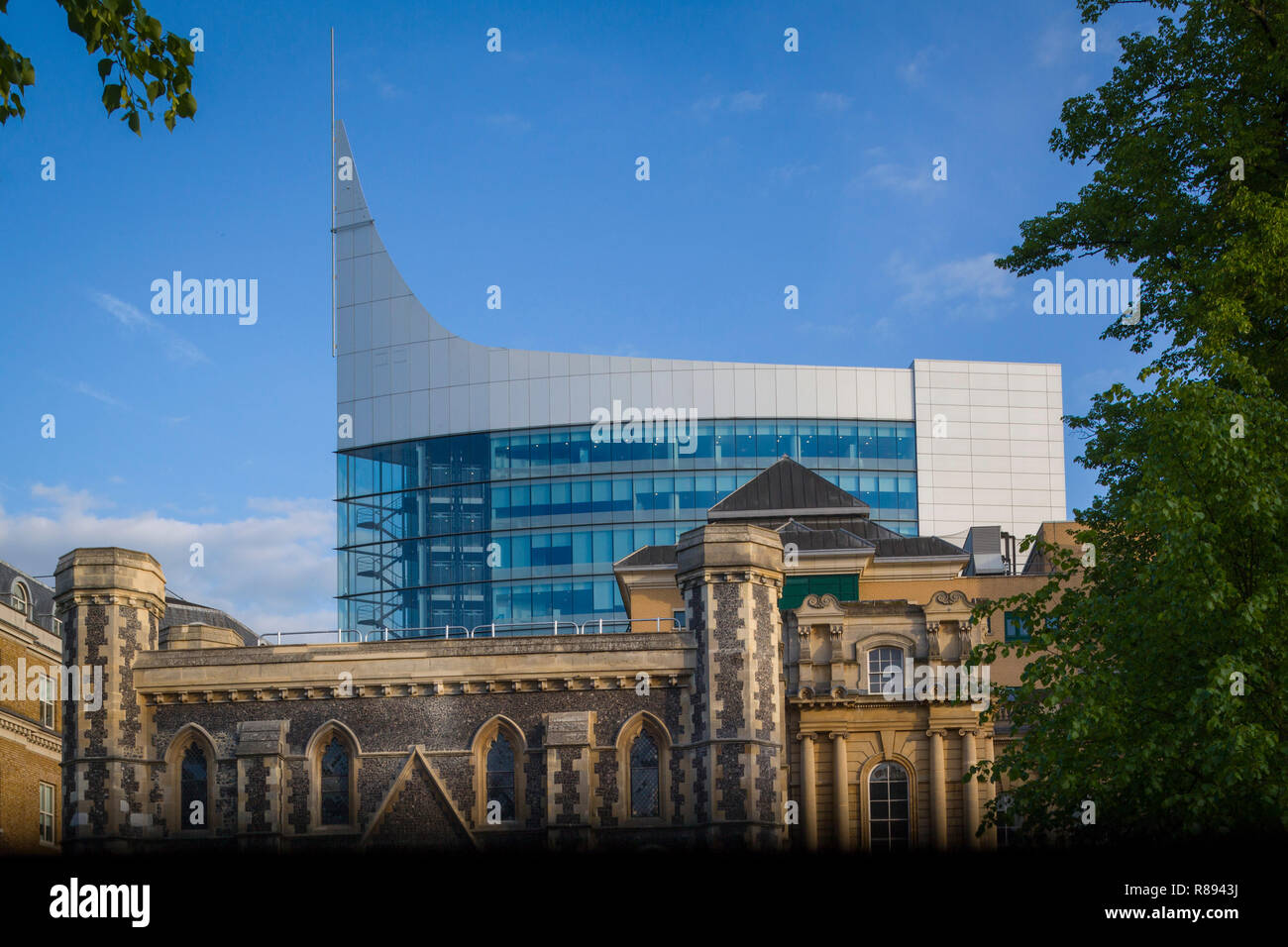 The Blade office block by the River Kennet in Reading, Berkshire viewed beyond the Abbey Gateway Stock Photo