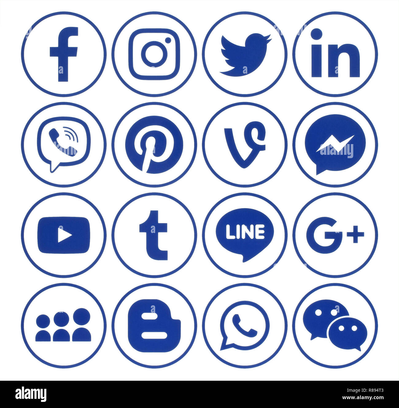 Kiev, Ukraine - June 19, 2018: Collection of popular circle blue social media icons with rim, printed on white paper: Facebook, Twitter and others Stock Photo