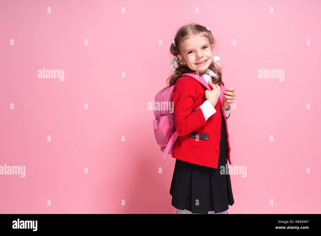 Back To School Child With Schoolbag Schoolgirl 7 8 Years Old In