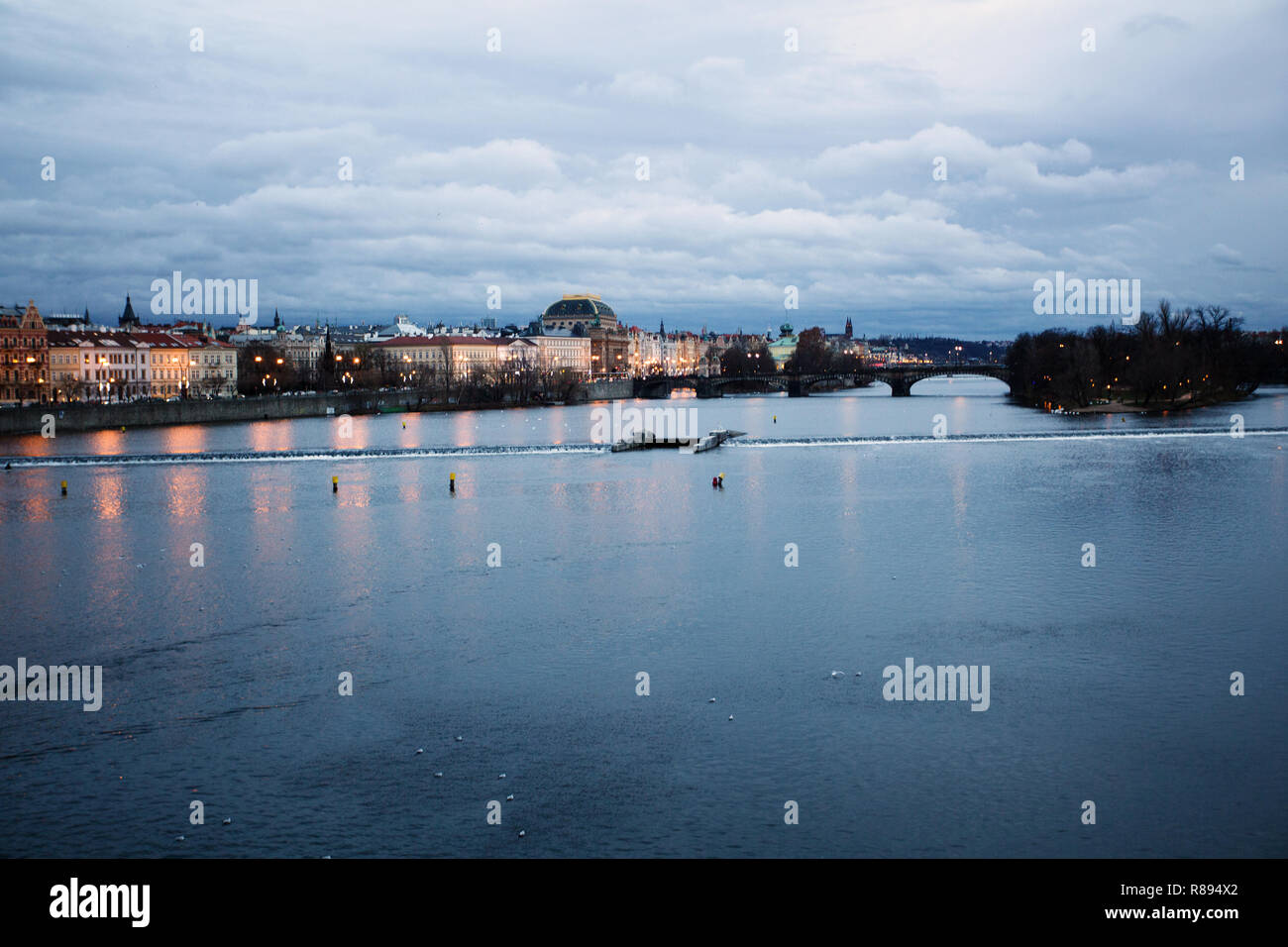 Views of the river Vltava in Prague. Horizontal. Winter Stock Photo
