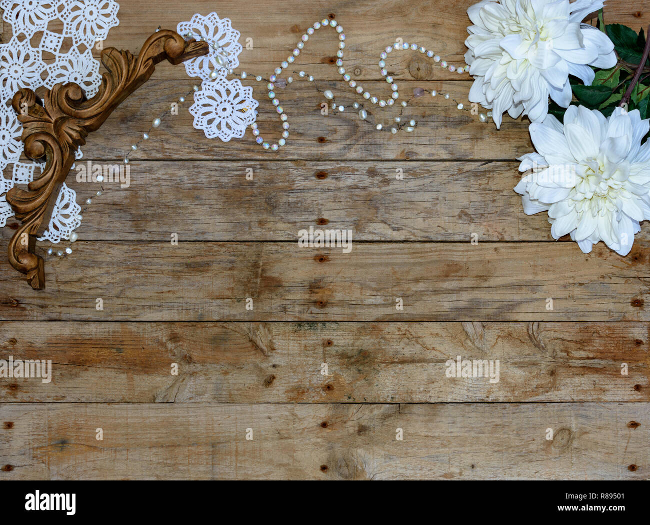 Christmas postcard frame wooden background. For greeting card.. Xmas wallpaper, Vintage wooden and white objects. Stock Photo