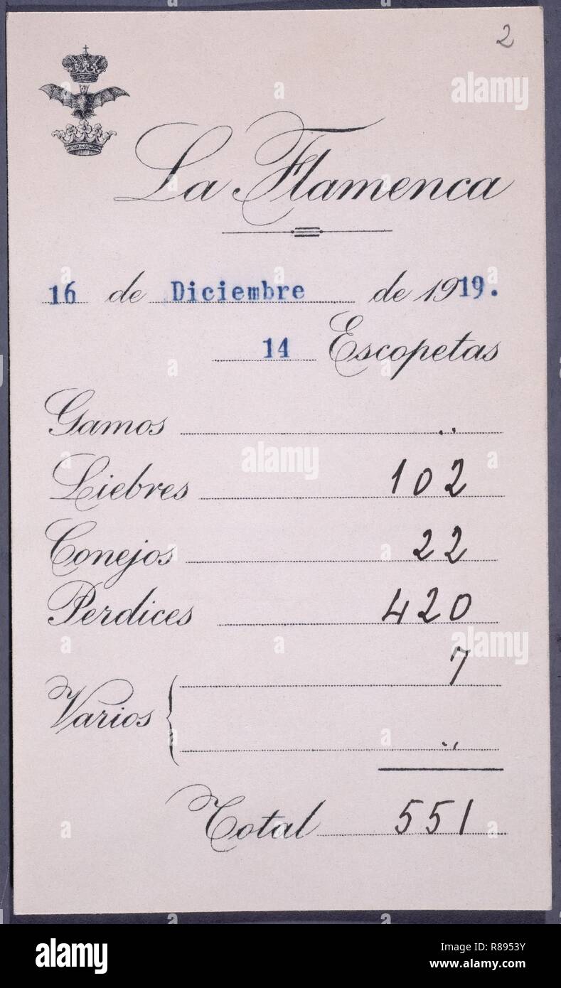 RELACION DE PIEZAS Y ESCOPETAS UTILIZADAS EN LA CACERIA DE "LA FLAMENCA"16/12/1919. Location: PALACIO REAL-BIBLIOTECA. MADRID. SPAIN. Stock Photo