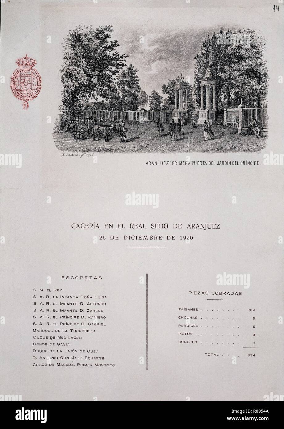 ESTADO DE CACERIA EN EL REAL SITIO DE ARANJUEZ -26/10/1920-RELACION DE ESCOPETAS Y PIEZAS. Location: PALACIO REAL-BIBLIOTECA. MADRID. SPAIN. Stock Photo