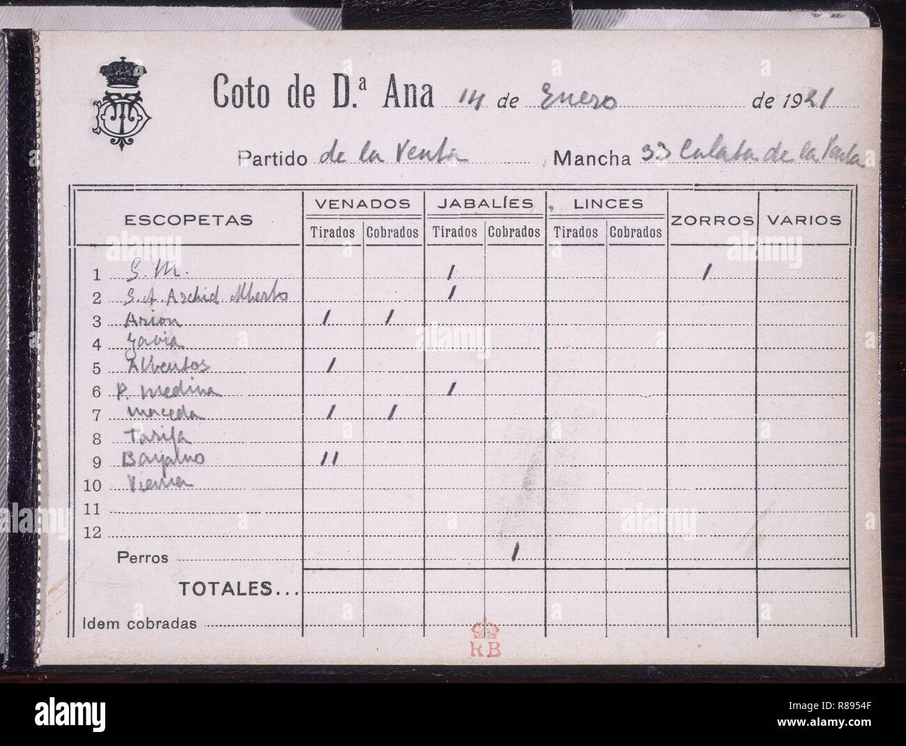 COTO DÑA ANA-14/1/1921-PARTIDO DE LA VENTA-RELACION DE PIEZAS CAZADAS POR LOS PARTICIPANTES. Location: PALACIO REAL-BIBLIOTECA. MADRID. SPAIN. Stock Photo