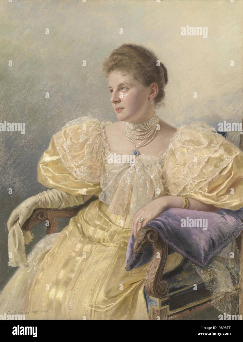 Carl Bunzl Porträt einer eleganten Dame in gelbem Kleid 1894. Stock Photo