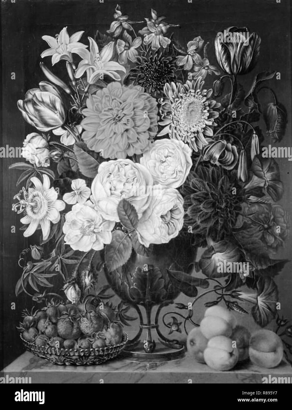 Carl Christian Seydewitz - Blomster i en trefodet vase og en skål med jordbær - Stock Photo