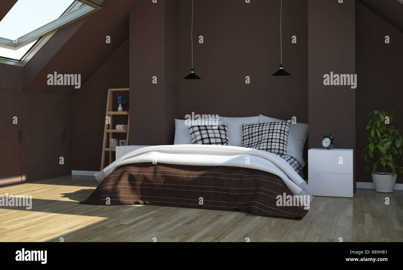 chocolate color bedroom on attic 3d rendering Stock Photo Alamy