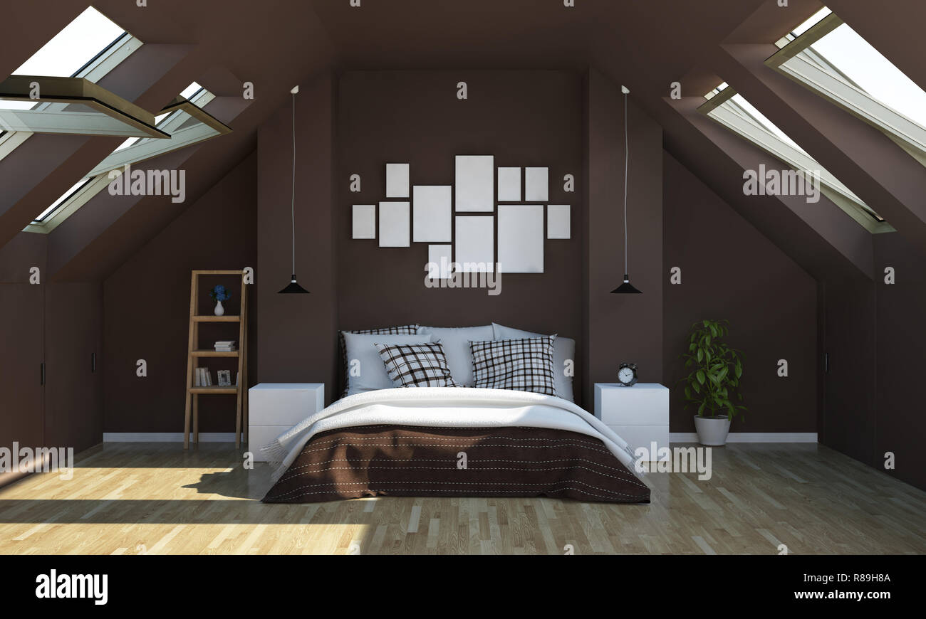 chocolate color bedroom on attic 3d rendering Stock Photo Alamy