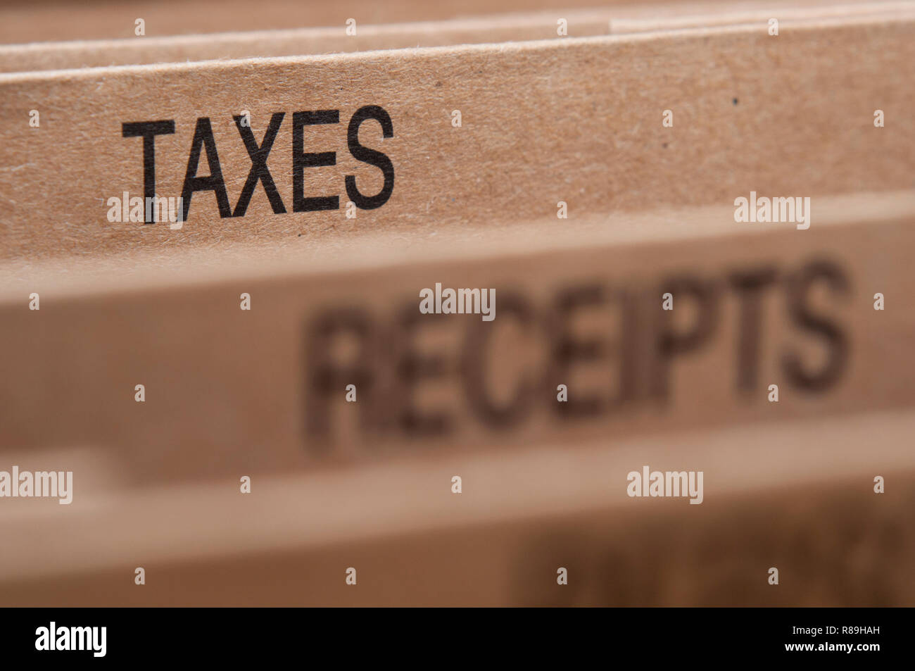 Tax section tab in folding file. Stock Photo