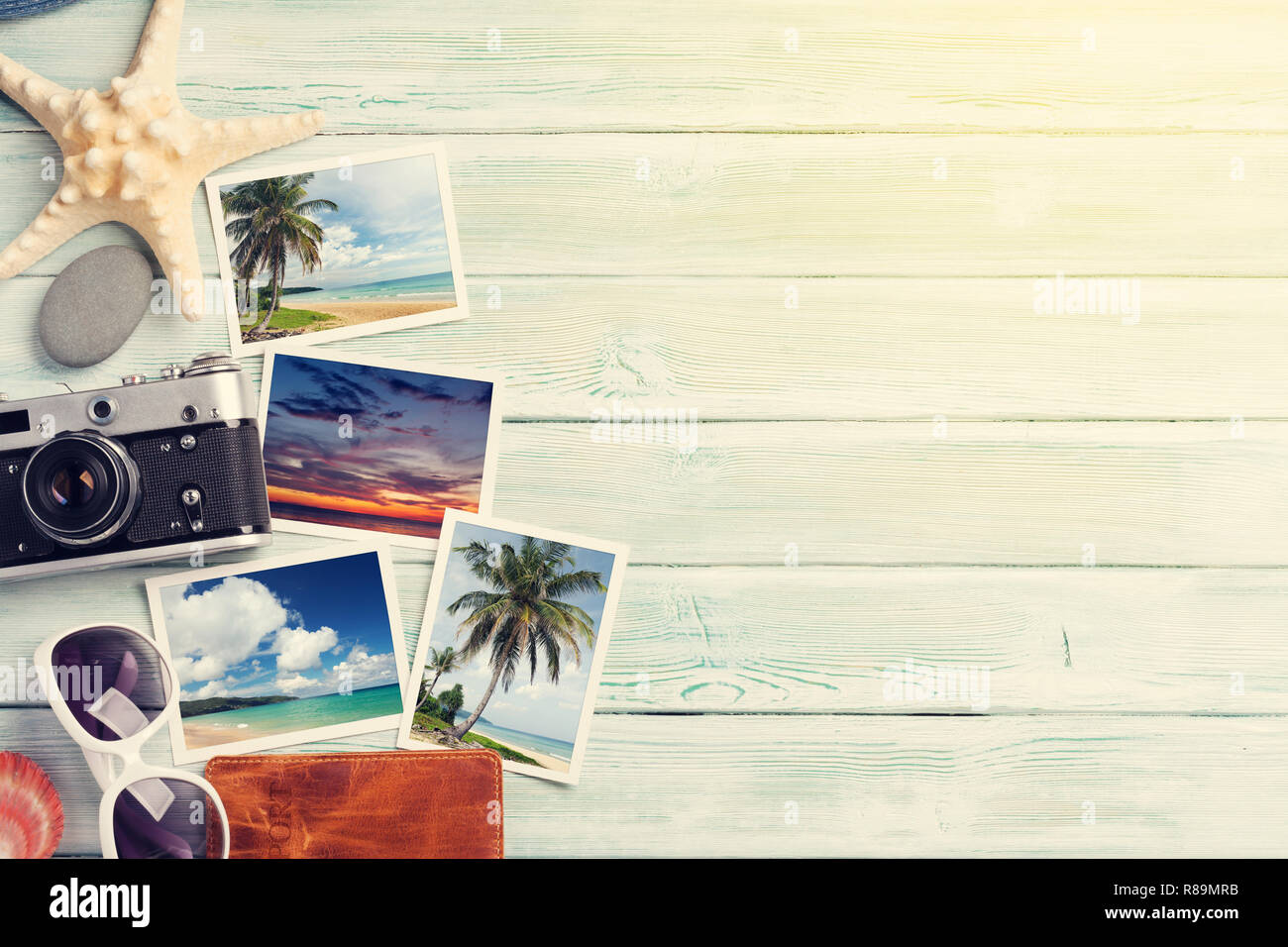 Travel vacation background concept with weekend photos on wooden backdrop. Top view with copy space. Flat lay. All photos taken by me Stock Photo