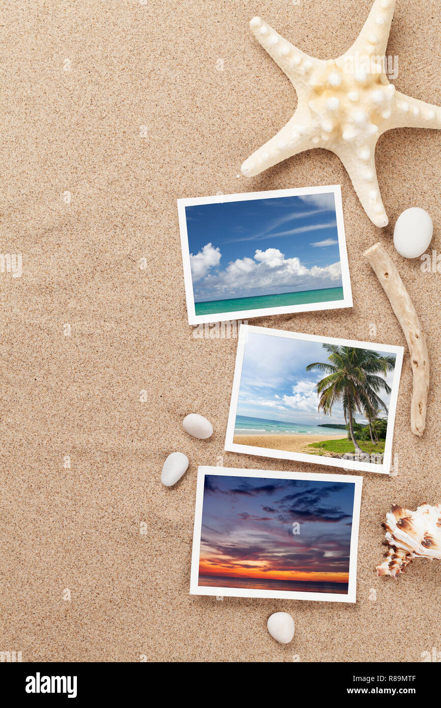 Travel vacation background concept with seashells and photos on sand backdrop. Top view with copy space. Flat lay. All photos taken by me Stock Photo