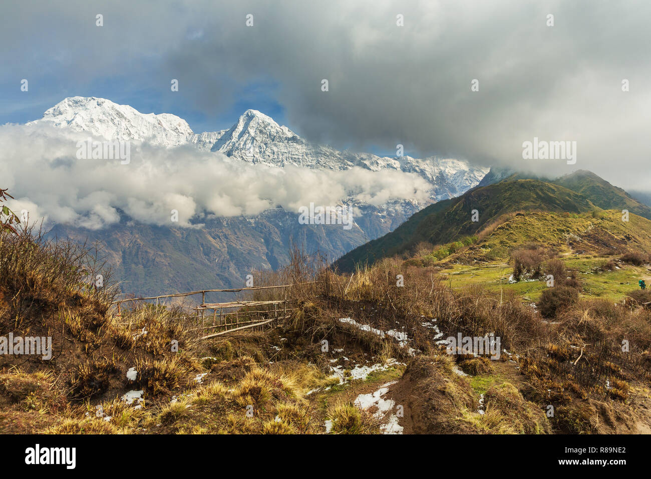 View of snowy mountain peaks on train to Mardi Himalayans in the Annapurna Himal, Nepal, Himalayas, Asia Stock Photo