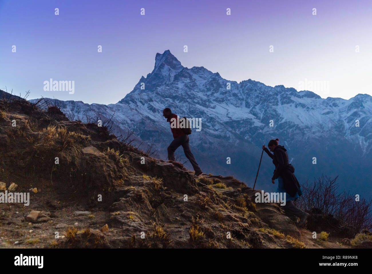 Two hikers trekking up path of Mardi Himal at sunrise with view of Fishtail Mountain peak in background, in Annapurna Himal, Nepal, Himalayas, Asia Stock Photo