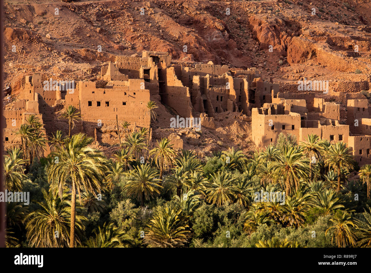 Morocco, Todra Gorge, Tinghir, Timadal, ruined mud coloured houses of abandoned village Stock Photo