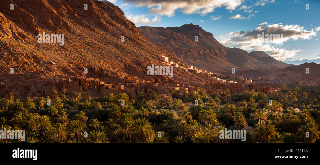 Morocco Todra Gorge Tinghir Ait Zilal Village In Early Morning Sunlight Panoramic Stock 
