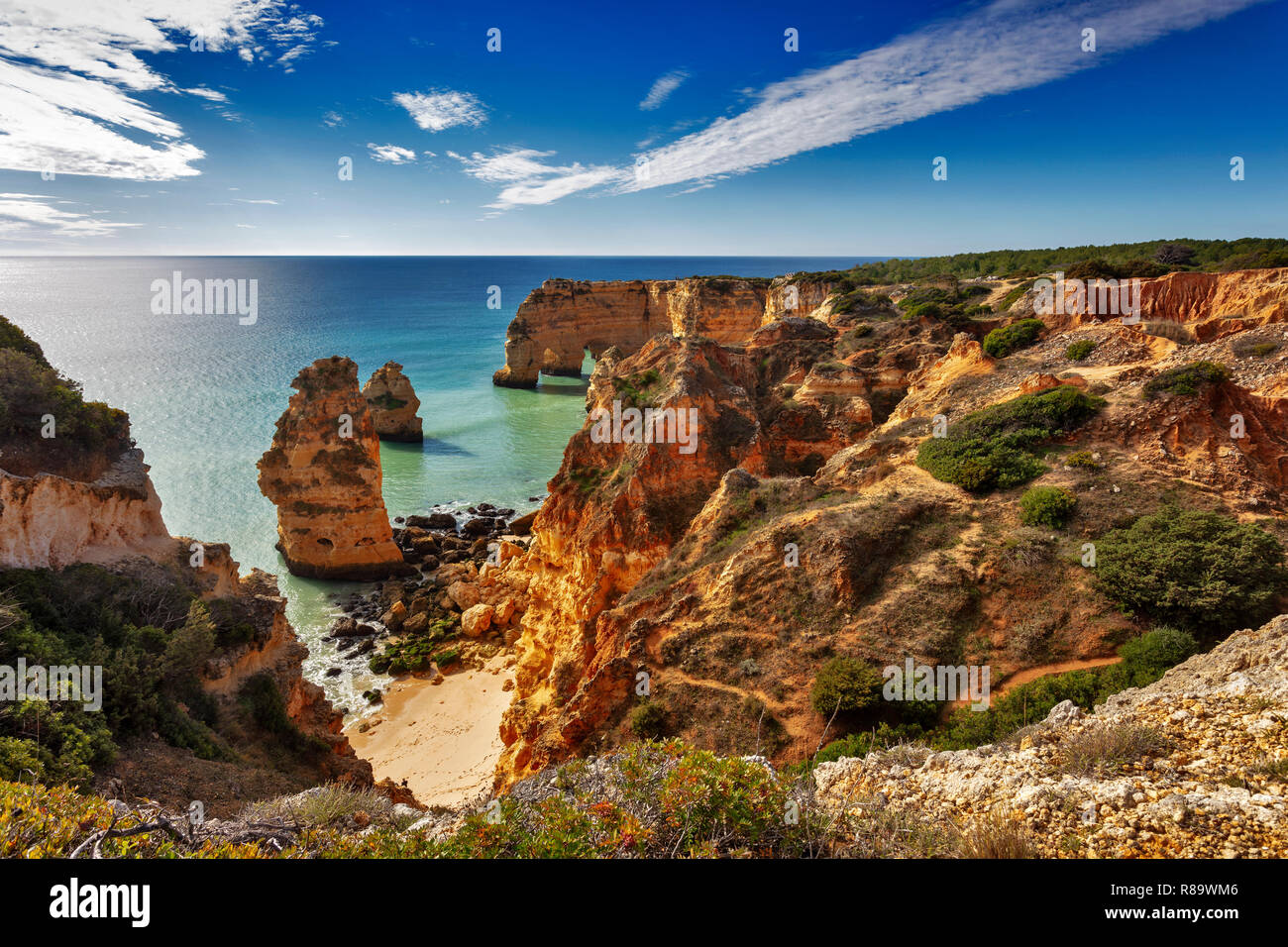 Beach and coloured rocks, Praia da Marinha, Carvoeiro, Algarve, Portugal Stock Photo