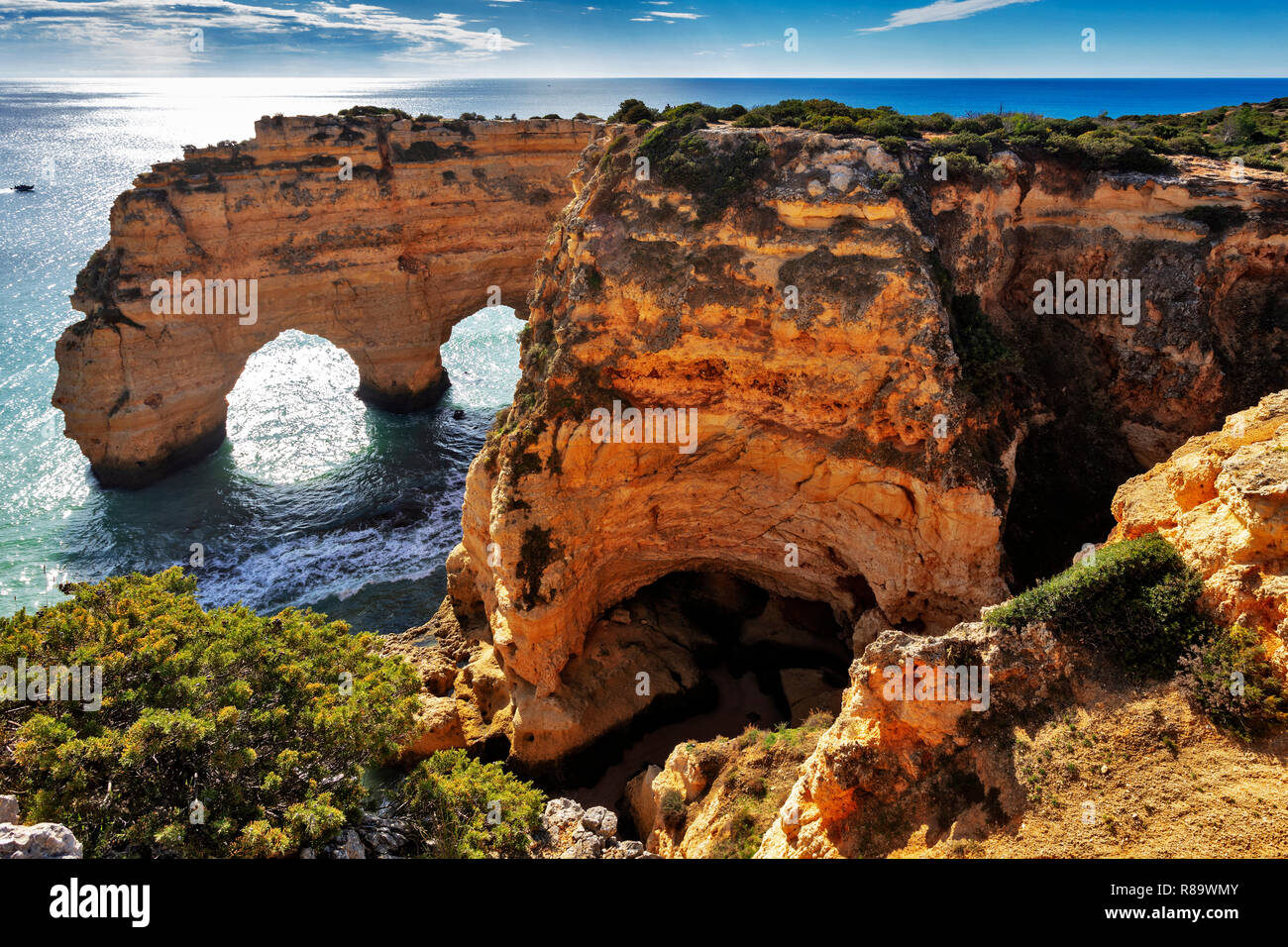 Beach and coloured rocks, Praia da Marinha, Carvoeiro, Algarve, Portugal Stock Photo