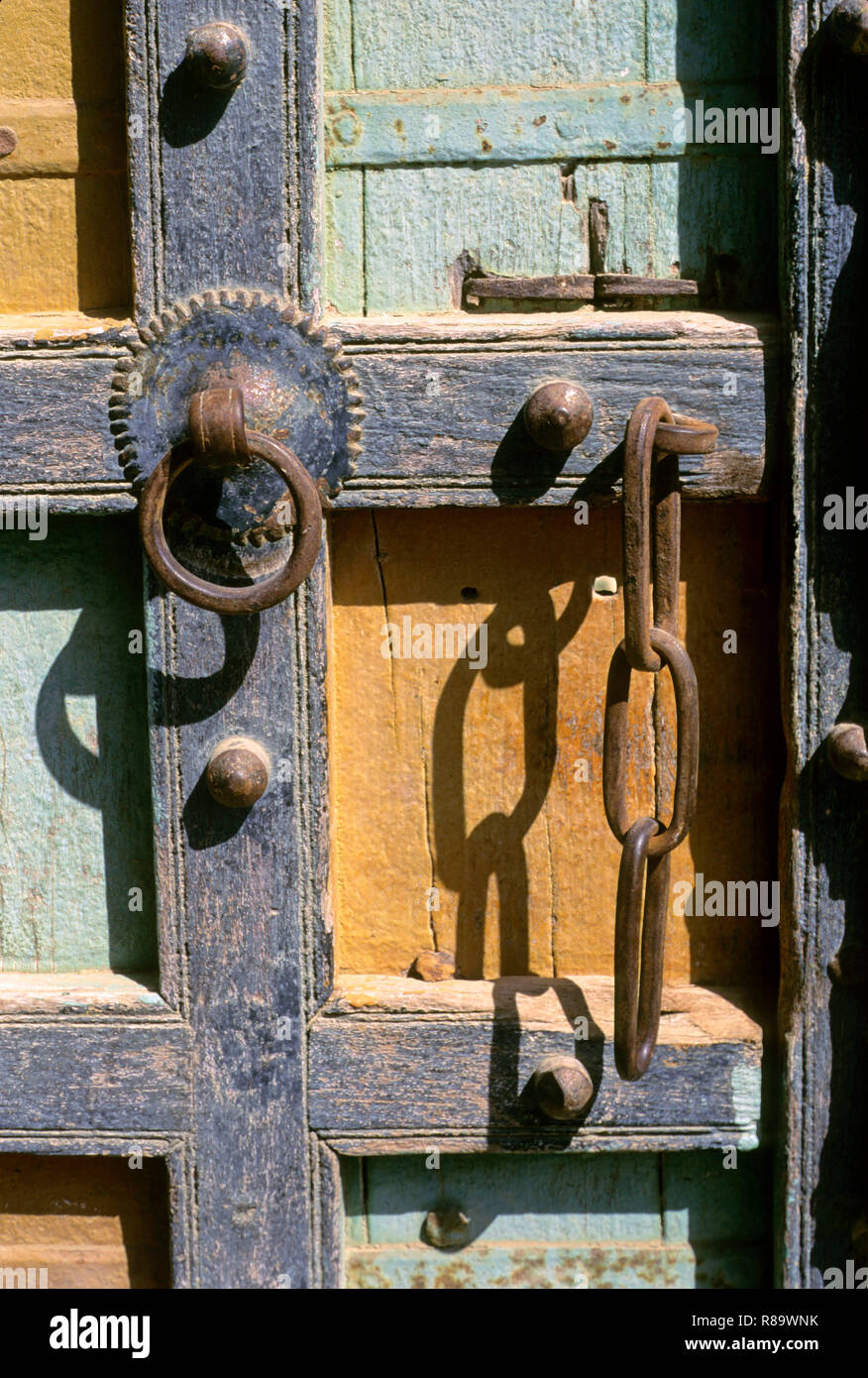 Locking Arrangement on Village House Door, Dwarka, Gujarat, india Stock Photo