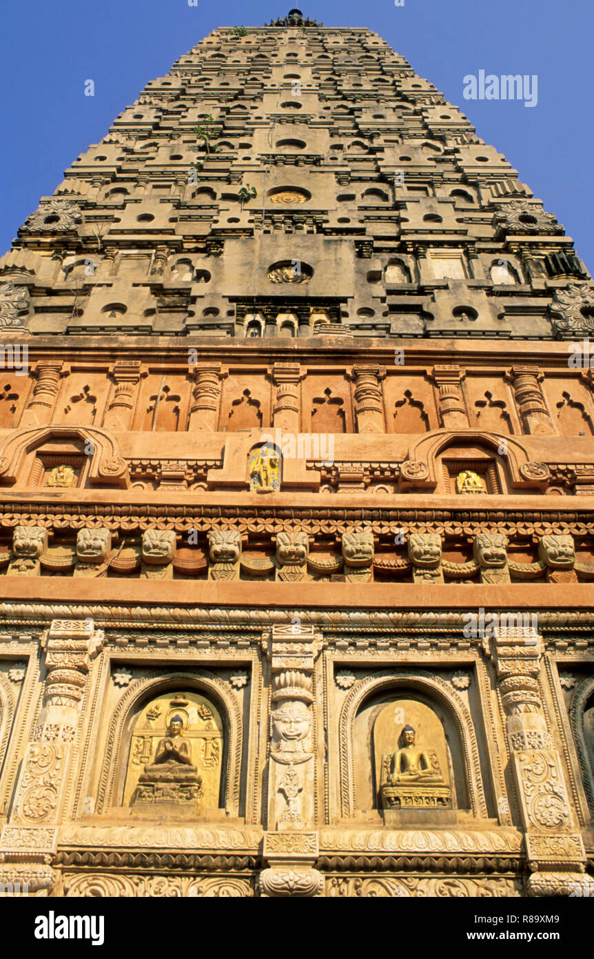 mahabodhi temple, buddha carved in different aspect on wall and soaring tower, bodhgaya, bihar, india Stock Photo
