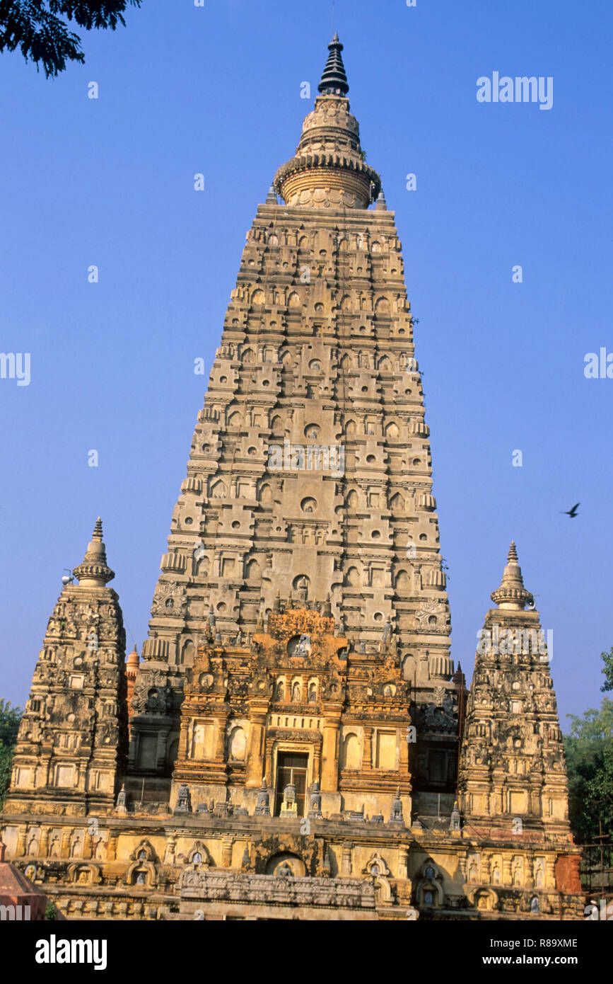 mahabodhi temple, buddha carved in different aspect on wall and soaring tower, bodhgaya, bihar, india Stock Photo