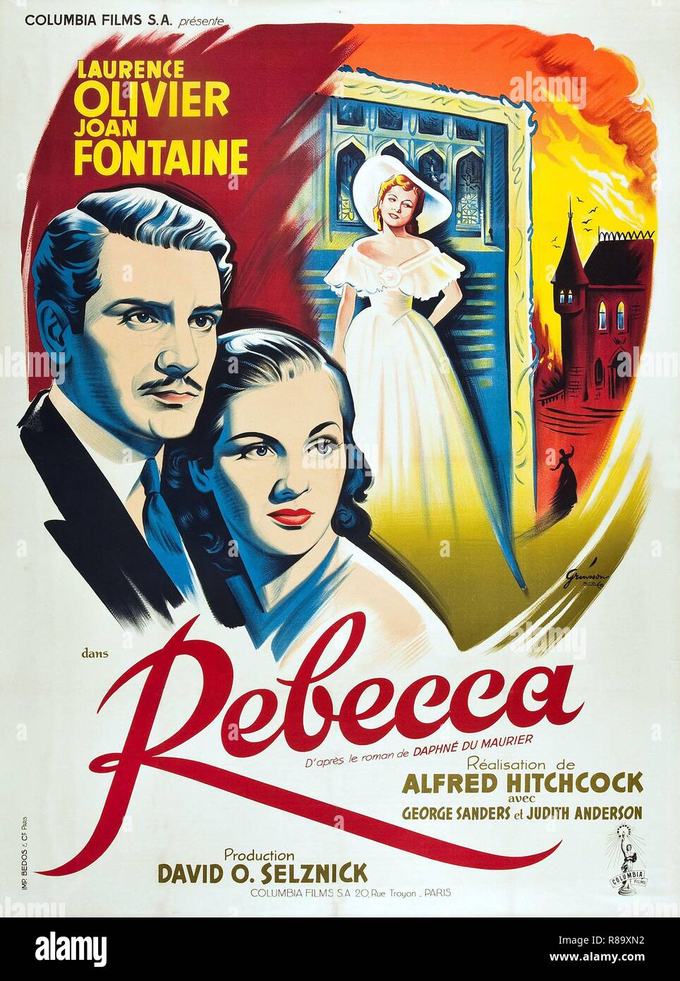 Rebecca Year : 1940 USA Director : Alfred Hitchcock Laurence Olivier, Joan Fontaine  Poster (Fr) Stock Photo
