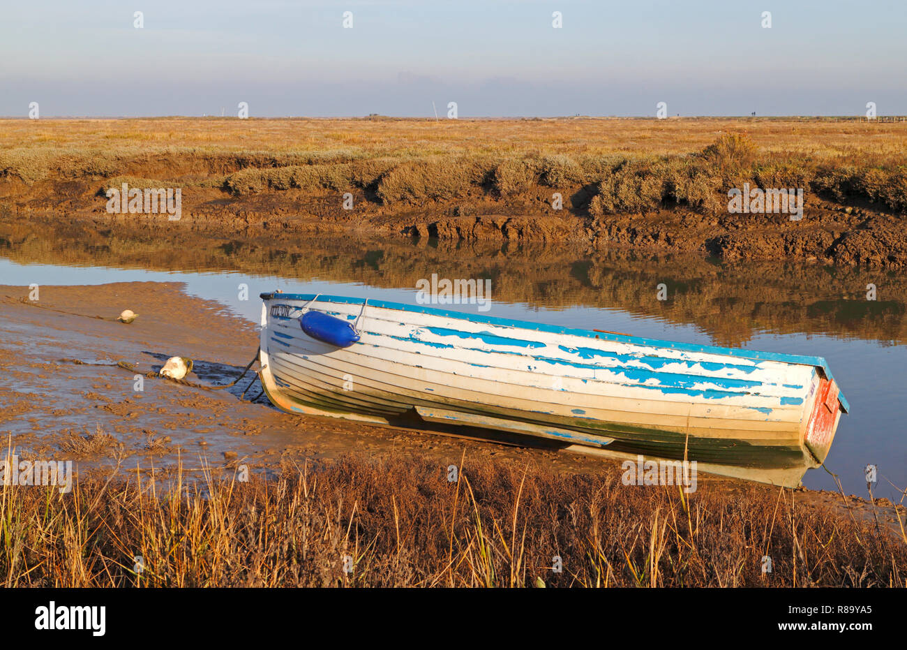 A small boat left tied-up in a creek in salt marshes on the North Norfolk coast at Blakeney, Norfolk, England, United Kingdom, Europe. Stock Photo