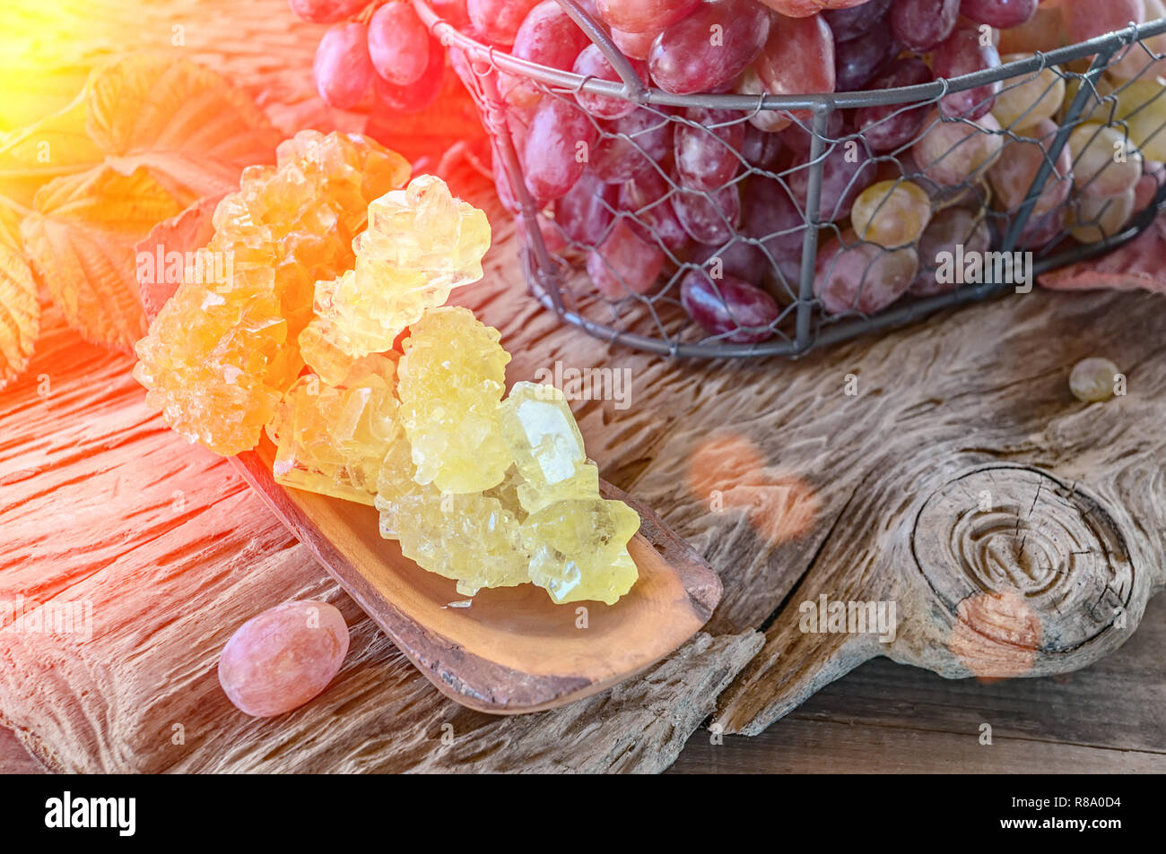 Dry crystal grape sugar from the juice. Sugar substitute. Stock Photo