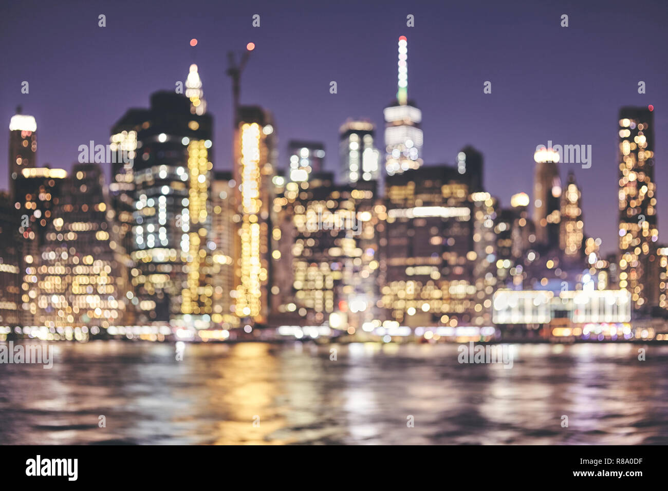 Blurred New York City skyline, abstract urban background, color toned
