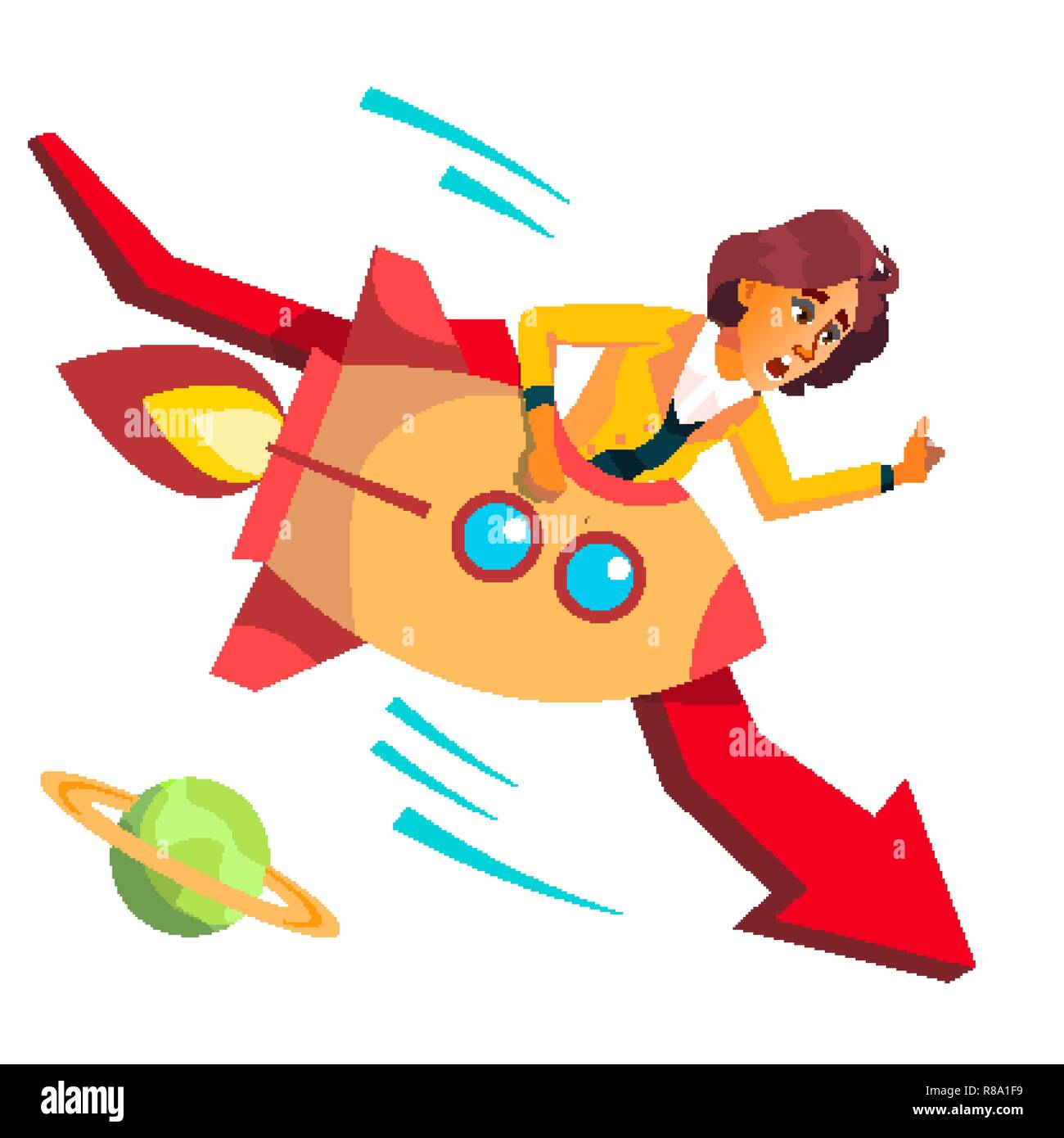 Business Woman Riding A Rocket Falls Down On Background Of Falling Red Arrow Vector. Illustration Stock Vector