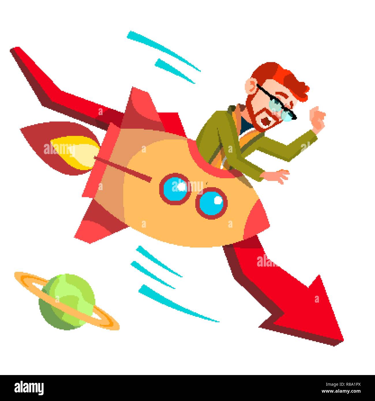 Businessman Riding A Rocket Falls Down On Background Of Falling Red Arrow Vector. Illustration Stock Vector