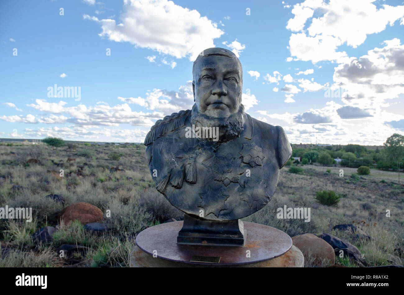 Former South African President Paul Kruger, stands among the busts of South African Afrikaner presidents and generals, including H.F. Verwoerd, the mastermind of Apartheid, on a hill in Orania, Northern Cape, Friday, December 12, 2013. As South Africa has been ridding itself of its painful past by removing the busts from various public places around the country, Orania has been collecting them, and built concrete pedestals to put them on. Orania is an Afrikaner (only) town located along the Orange River in the Karoo. Photo: Eva-Lotta Jansson Stock Photo