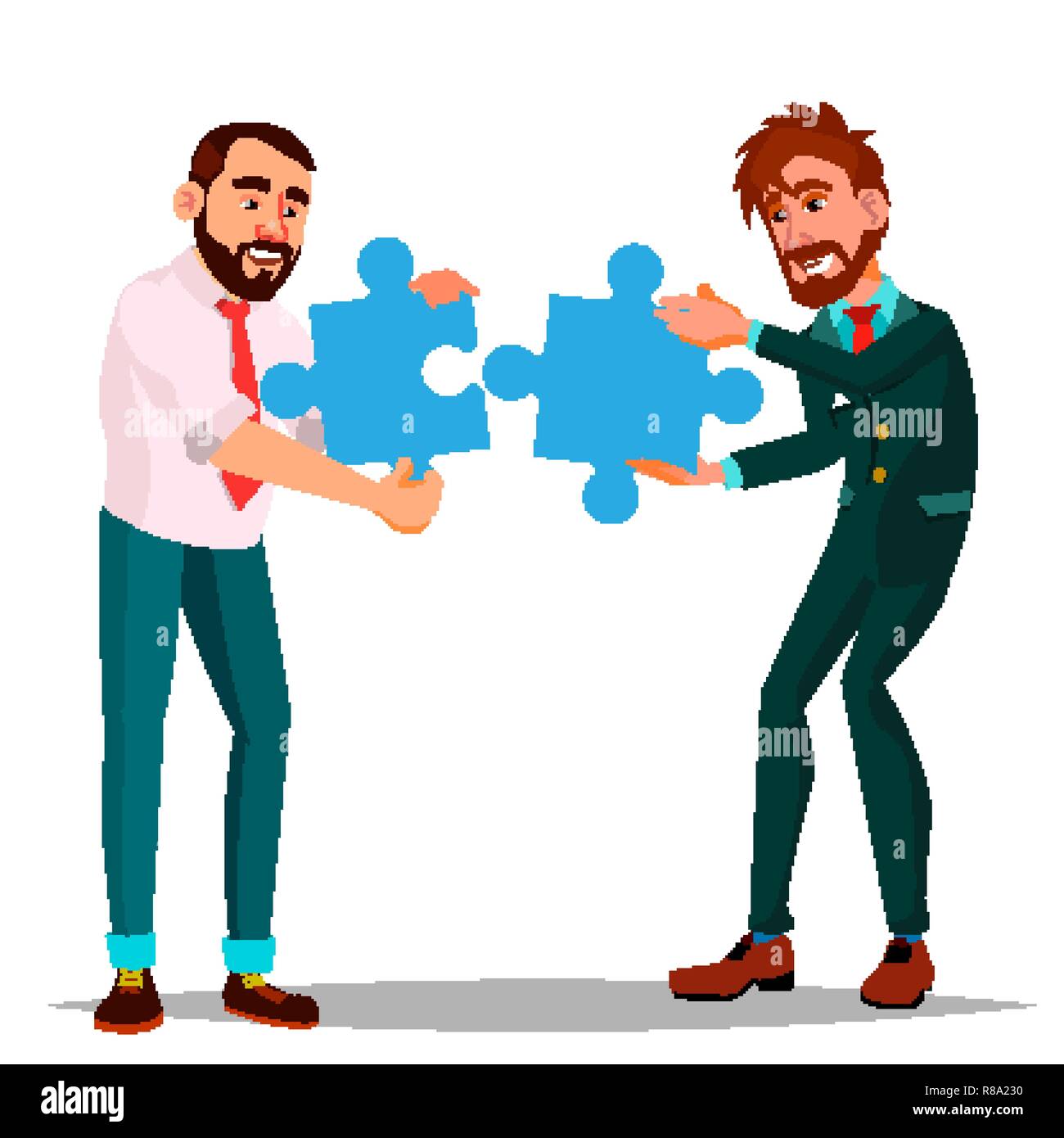 Partnership Vector. Two Man Businessman Holding In Hands Two Large Puzzles And Put It Together