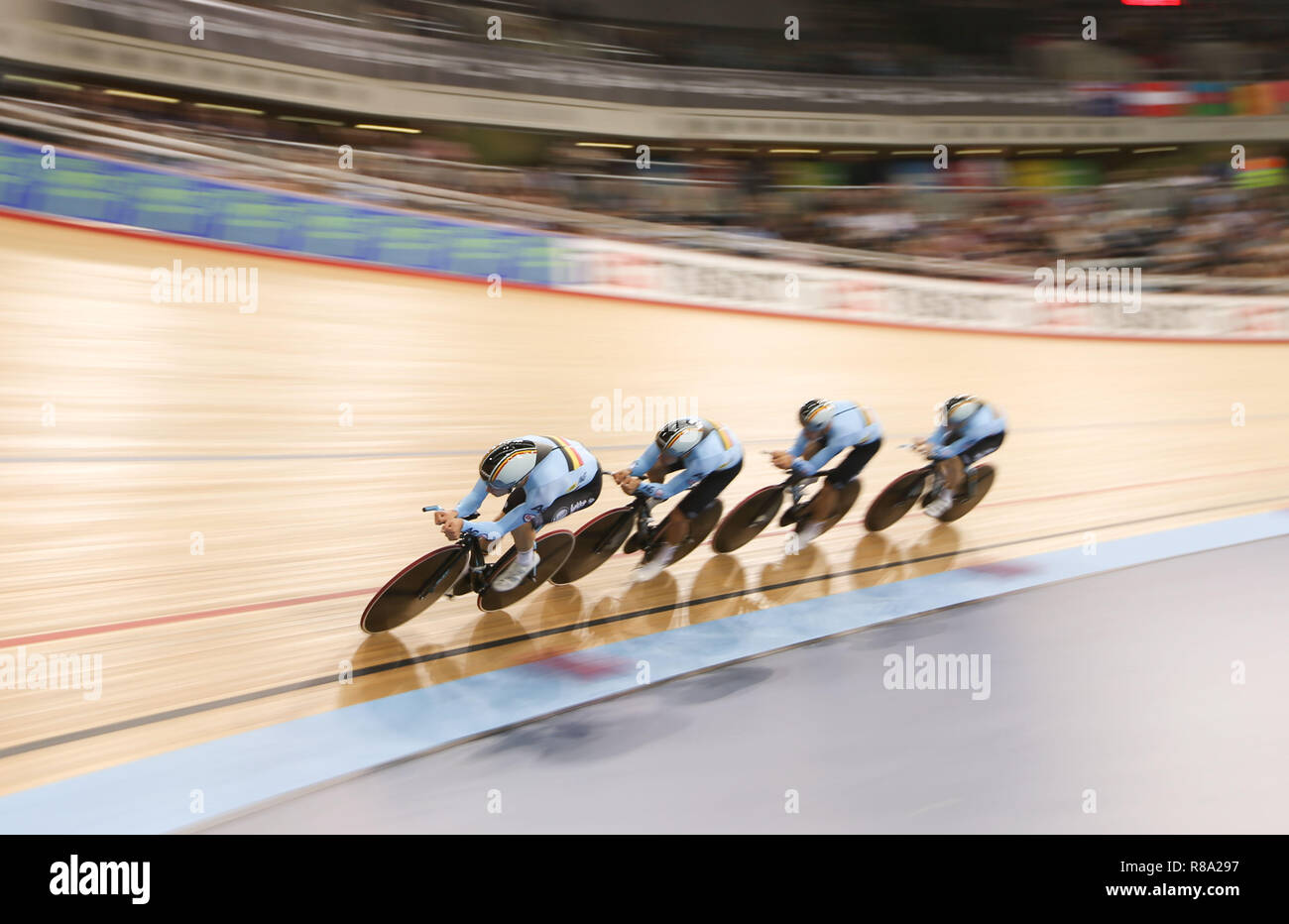 Lindsay de Vylder, Kenny de Ketele, Robbe Ghys and Fabio van den Bossche of Belgium during the Mens Team Pursuit First Round during day one of the Tissot UCI Track Cycling World Cup at Lee Valley VeloPark, London. Stock Photo