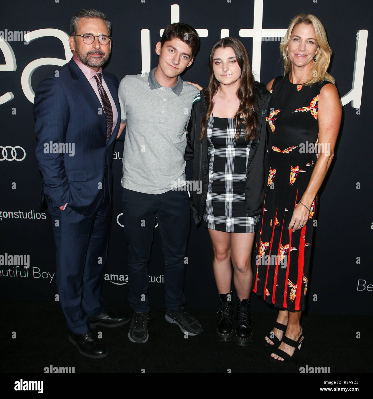 BEVERLY HILLS, LOS ANGELES, CA, USA - OCTOBER 08: Steve Carell, John Carell, Elisabeth Anne Carell, Nancy Carell at the Los Angeles Premiere Of Amazon Studios' 'Beautiful Boy' held at the Samuel Goldwyn Theater at The Academy of Motion Picture Arts and Sciences on October 8, 2018 in Beverly Hills, Los Angeles, California, United States. (Photo by Image Press Agency) Stock Photo