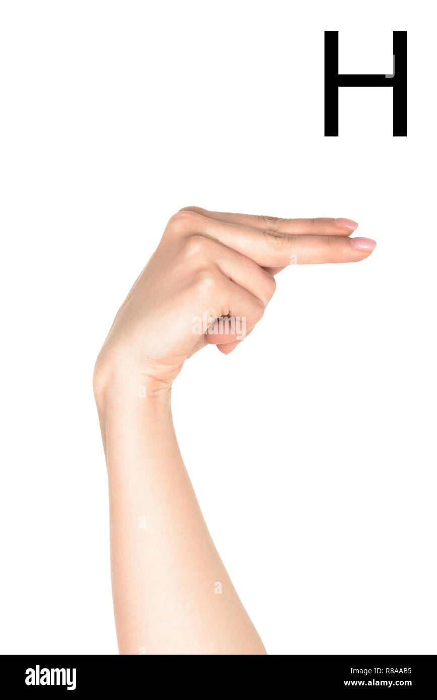 female hand showing latin letter H, sign language, isolated on white