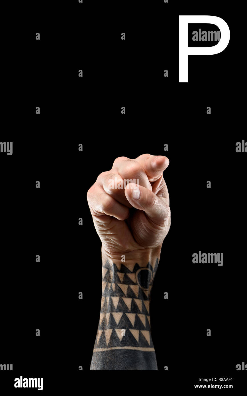 cropped view of tattooed hand showing latin letter  P sign language  isolated on black Stock Photo  Alamy