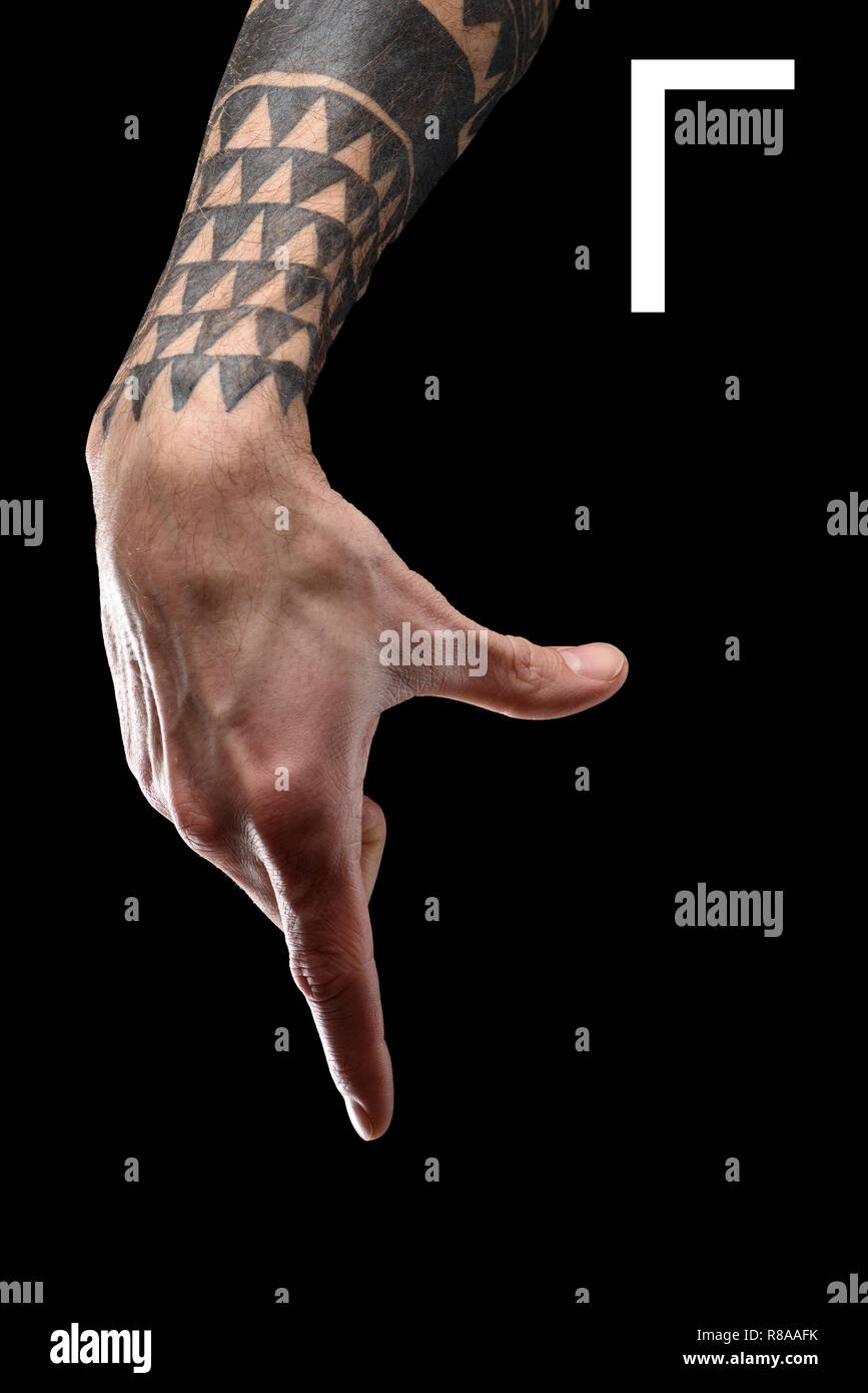 Tattooed Male Hand Showing Latin Letter Sign Language Isolated Black Stock  Photo by ©VadimVasenin 231579140
