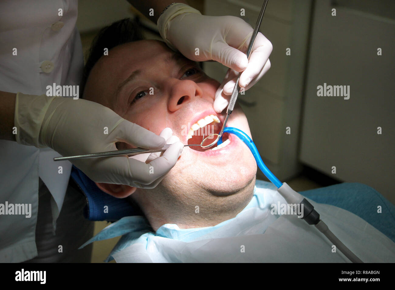 Dental check up. Dental checkup with dental tools probe, mirror and