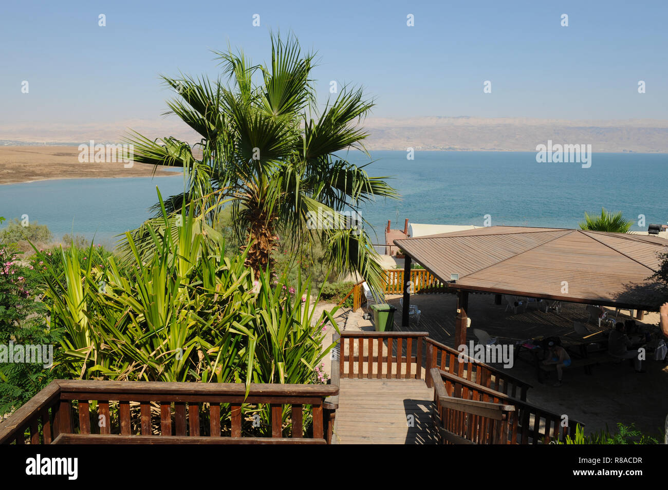 Scenic landscape of Dead Sea and Jordan mountains from Kalya Beach Resort in Israel. Stock Photo