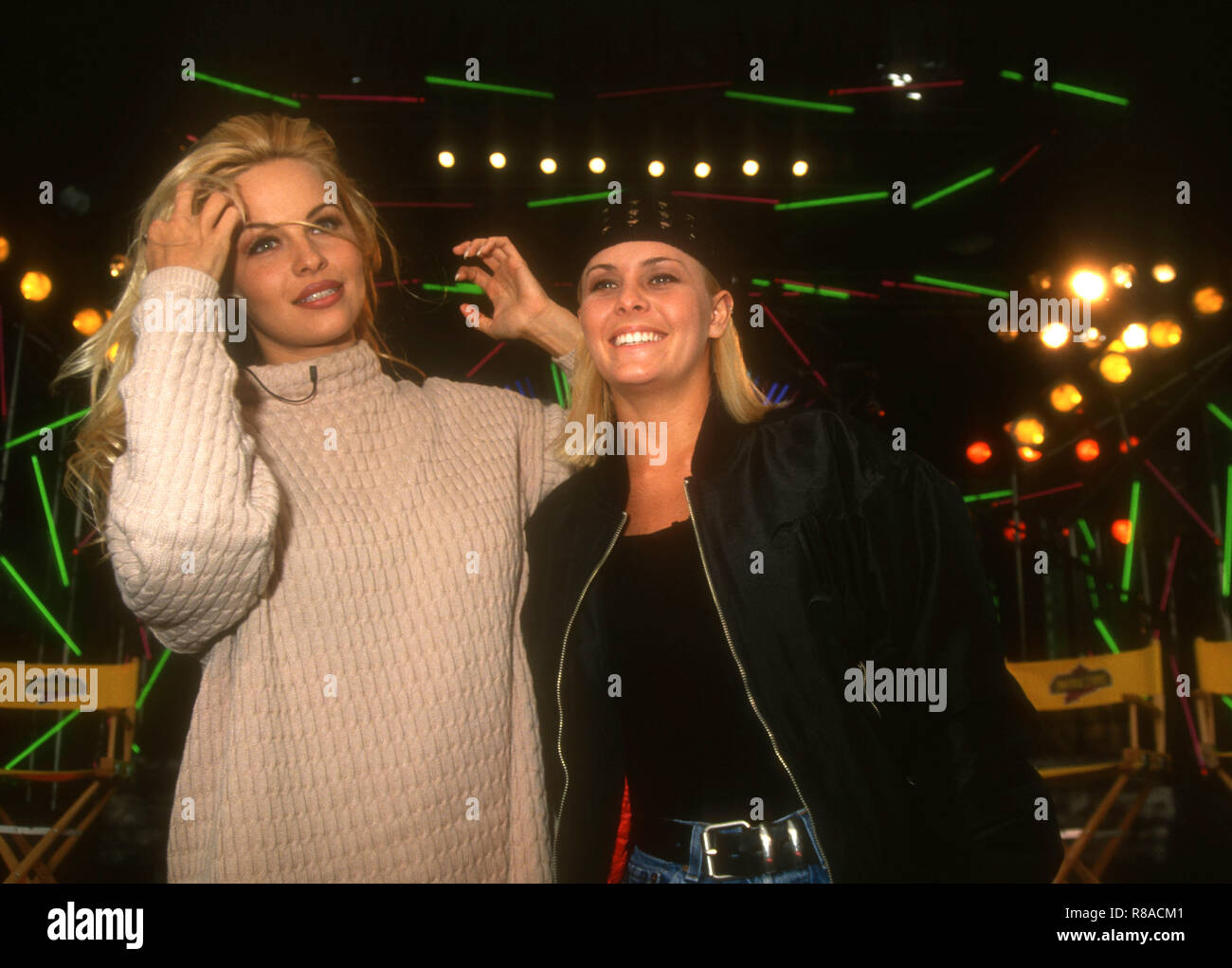 UNIVERSAL CITY, CA - APRIL 17: Actress Pamela Anderson and actress Nicole Eggert attend 'Baywatch' Exclusive Behind-the-Scenes Tour on April 17, 1993 at Universal Studios Hollywood in Universal City, California. Photo by Barry King/Alamy Stock Photo Stock Photo