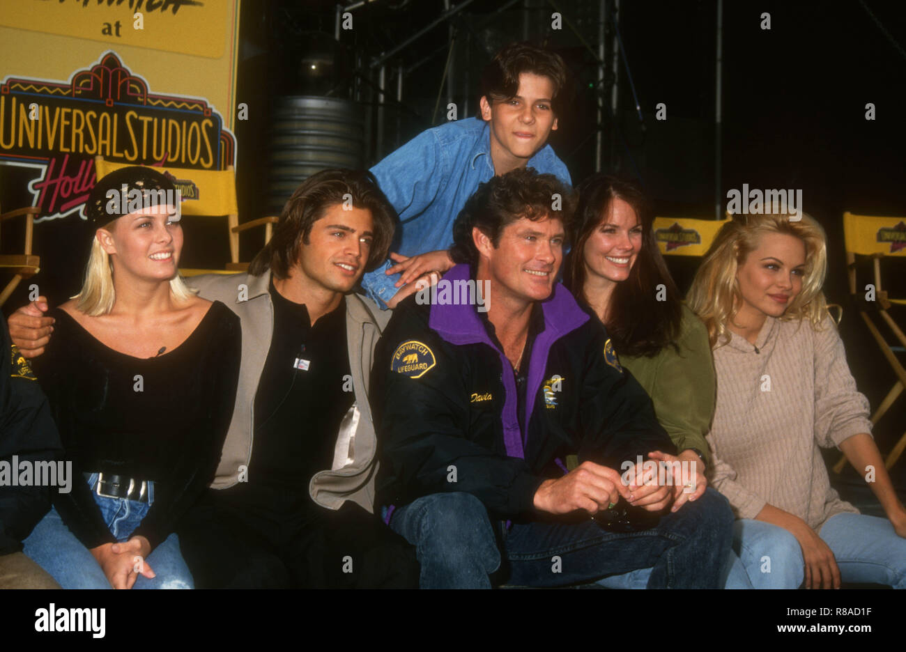 UNIVERSAL CITY, CA - APRIL 17: (L-R) Actress Nicole Eggert, actor David Charvet, actor Jeremy Jackson, actor David Hasselhoff, actress Alexandra Paul and actress Pamela Anderson attend 'Baywatch' Exclusive Behind-the-Scenes Tour on April 17, 1993 at Universal Studios Hollywood in Universal City, California. Photo by Barry King/Alamy Stock Photo Stock Photo