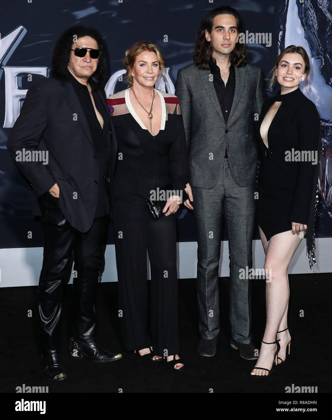 WESTWOOD, LOS ANGELES, CA, USA - OCTOBER 01: Gene Simmons, Shannon Tweed Simmons, Nick Simmons, Sophie Simmons at the World Premiere Of Columbia Pictures' 'Venom' held at the Regency Village Theater on October 1, 2018 in Westwood, Los Angeles, California, United States. (Photo by Xavier Collin/Image Press Agency) Stock Photo